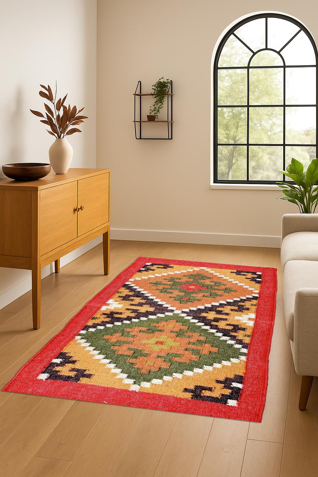 4 x 4 Ft - Jute\Wool Handwoven Kilim Rug, Handmade Vintage Area Rug for Eco-Friendly Home Decor All Costum Size