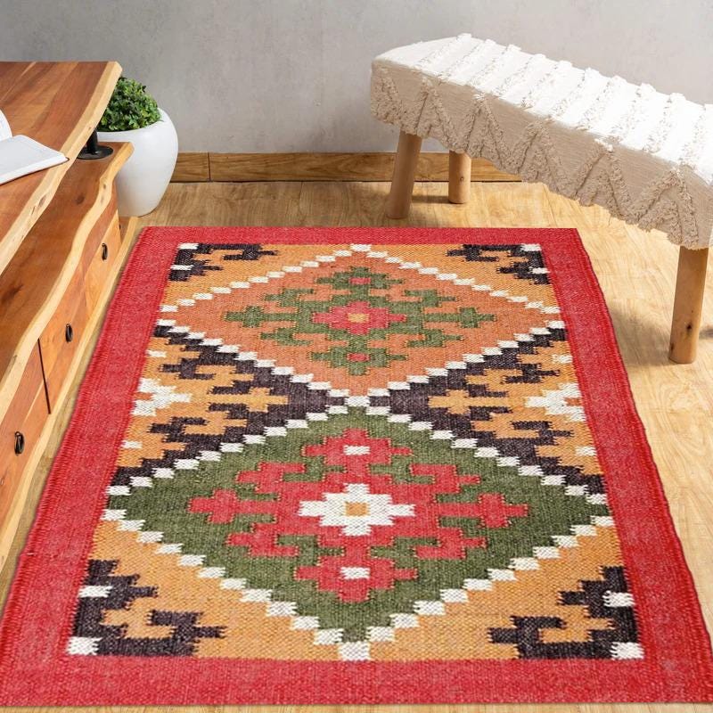 Wool Jute Kilim Rug, Handmade, Wool and Jute Rug Handwoven, Kilim Dhurrie Rug, Outdoor/Indoor Rug, Bedroom Rug, wool jute Kilim Rug