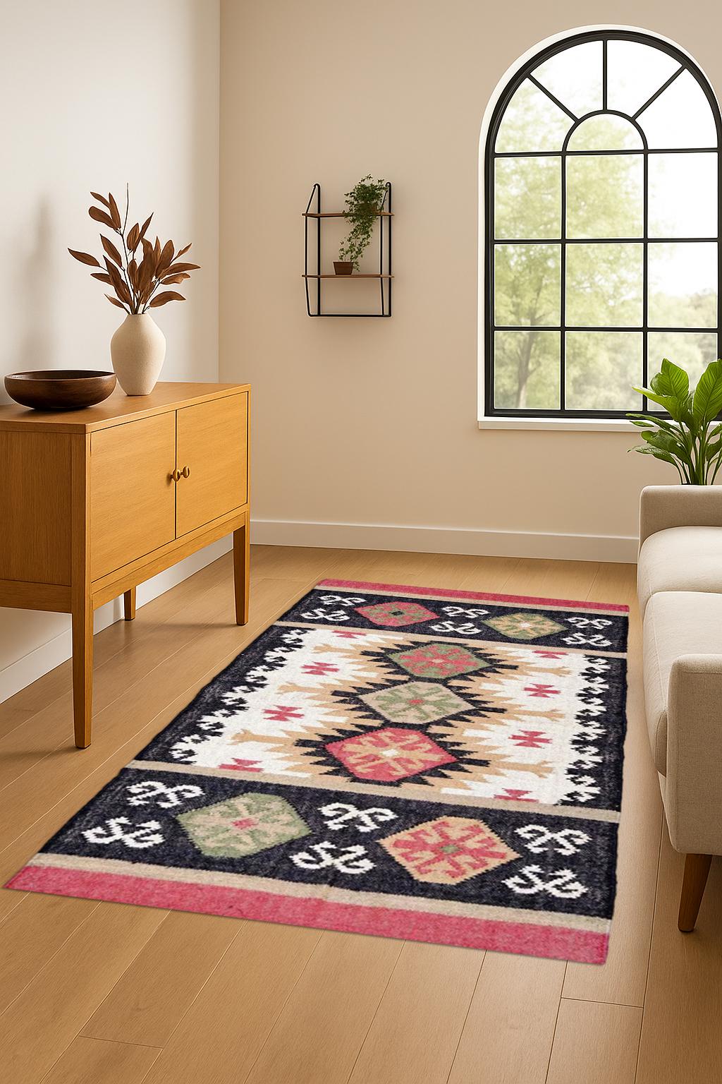 Authentic Kilim Rug - Wool & Jute Handloom Carpet, Vintage Style Geometric Dhurrie, Bohemian Home Decor