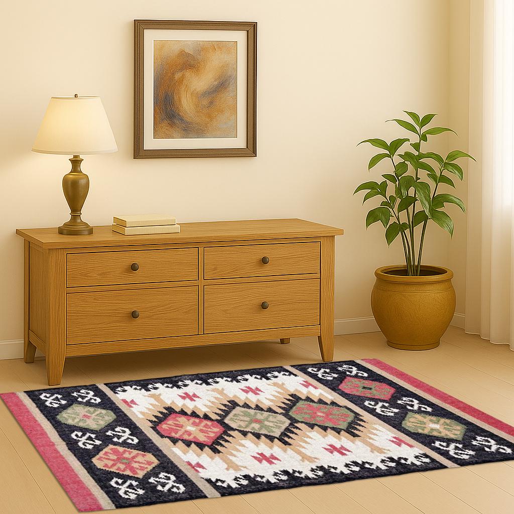 Authentic Kilim Rug - Wool & Jute Handloom Carpet, Vintage Style Geometric Dhurrie, Bohemian Home Decor