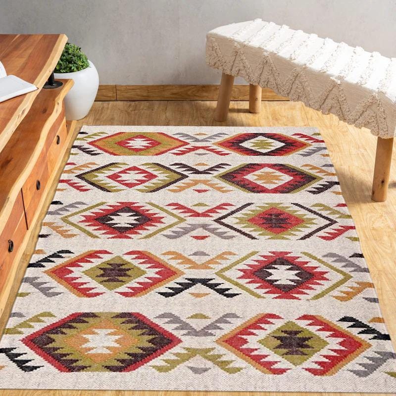 Navajo Style Turkish Kilim Rug, Handmade Wool Carpet with Geometric Design, Tribal Flatweave Rug for Living Room, Bedroom, Dining, Kitchen