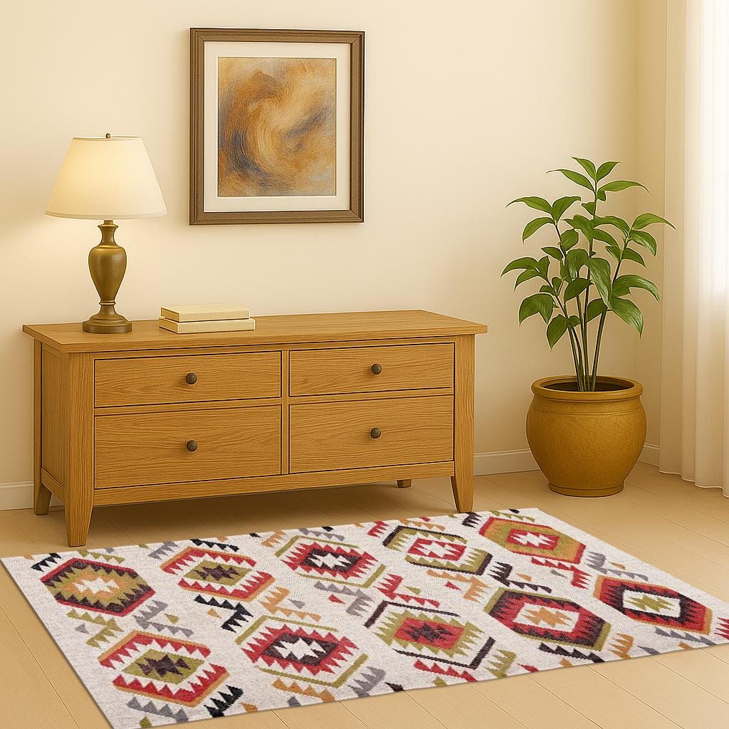 Navajo Style Turkish Kilim Rug, Handmade Wool Carpet with Geometric Design, Tribal Flatweave Rug for Living Room, Bedroom, Dining, Kitchen