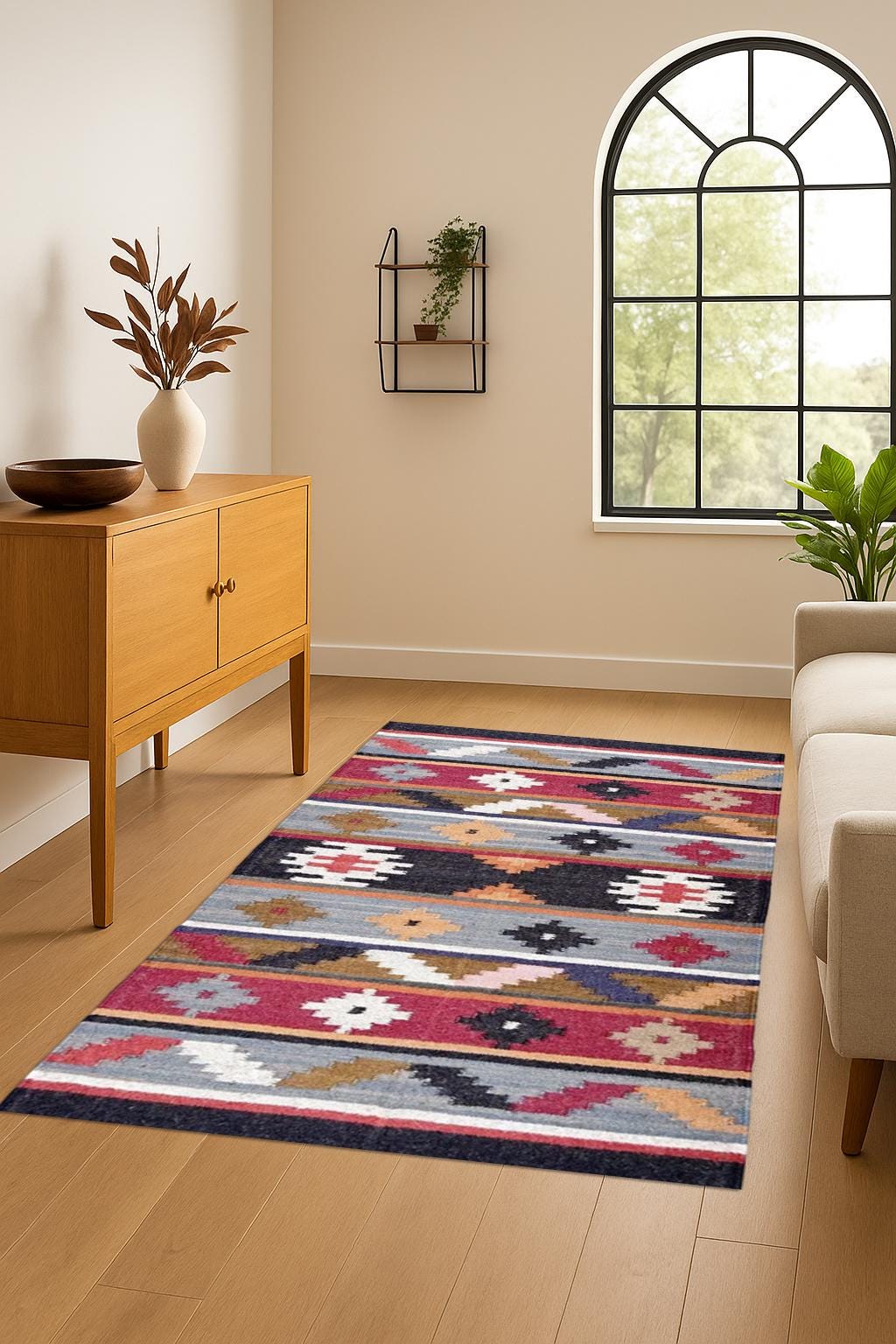 Handwoven Wool Jute Kilim Rug - Unique Eco-Friendly Dhurrie Carpet for Bohemian & Modern Home Decor
