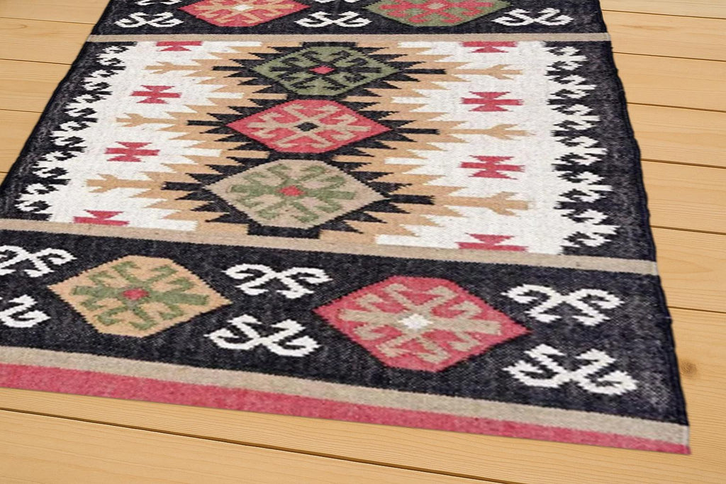 Casavani Handwoven Wool Jute Kilim Rug | Traditional Flatweave Area Rug | Bohemian Home Decor Dhurrie