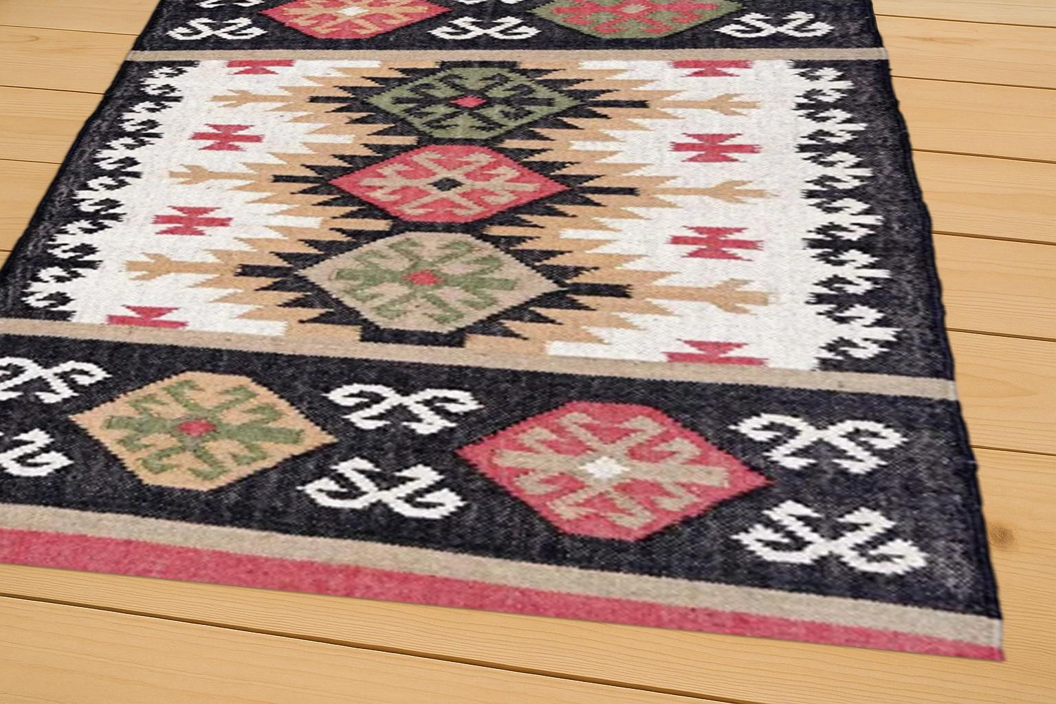 Casavani Handwoven Wool Jute Kilim Rug | Traditional Flatweave Area Rug | Bohemian Home Decor Dhurrie