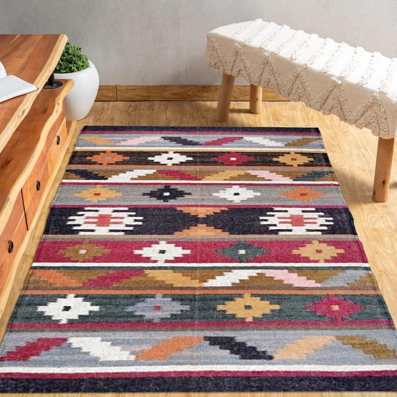 3X5 Ft Kilim Wool Jute Multicolor Area Living Room Bohemian Modern Home Décor, Oriental, Traditional Indian, Geometric, Turkish