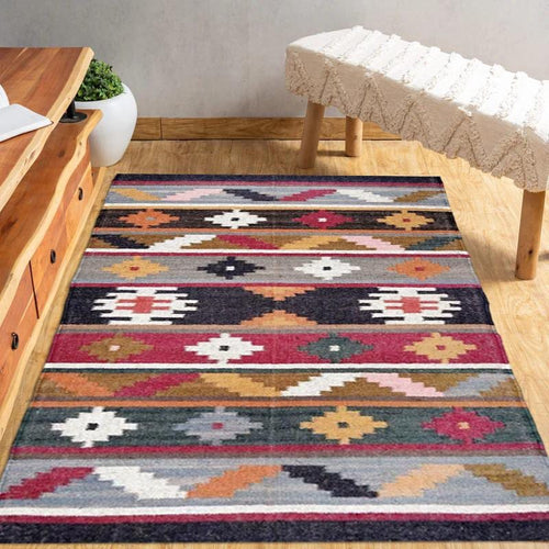 3X5 Ft Kilim Wool Jute Multicolor Area Living Room Bohemian Modern Home Décor, Oriental, Traditional Indian, Geometric, Turkish