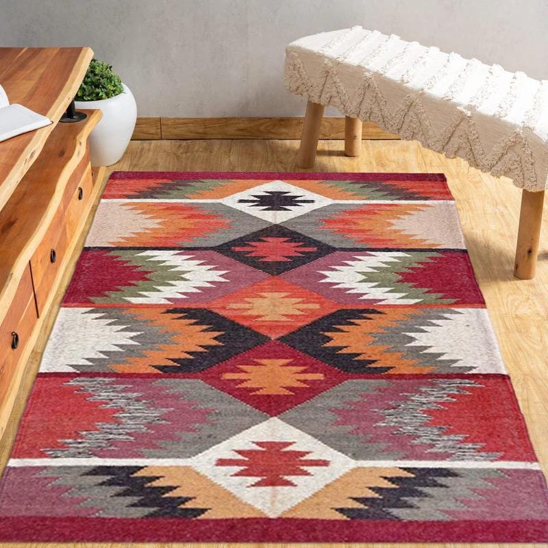 Handmade Wool Kilim Rug, Traditional Handwoven Kilim Rug, Outdoor/Indoor Rug, Boho Jute Kilim, Rustic American Style Area Rug, Tribal Décor