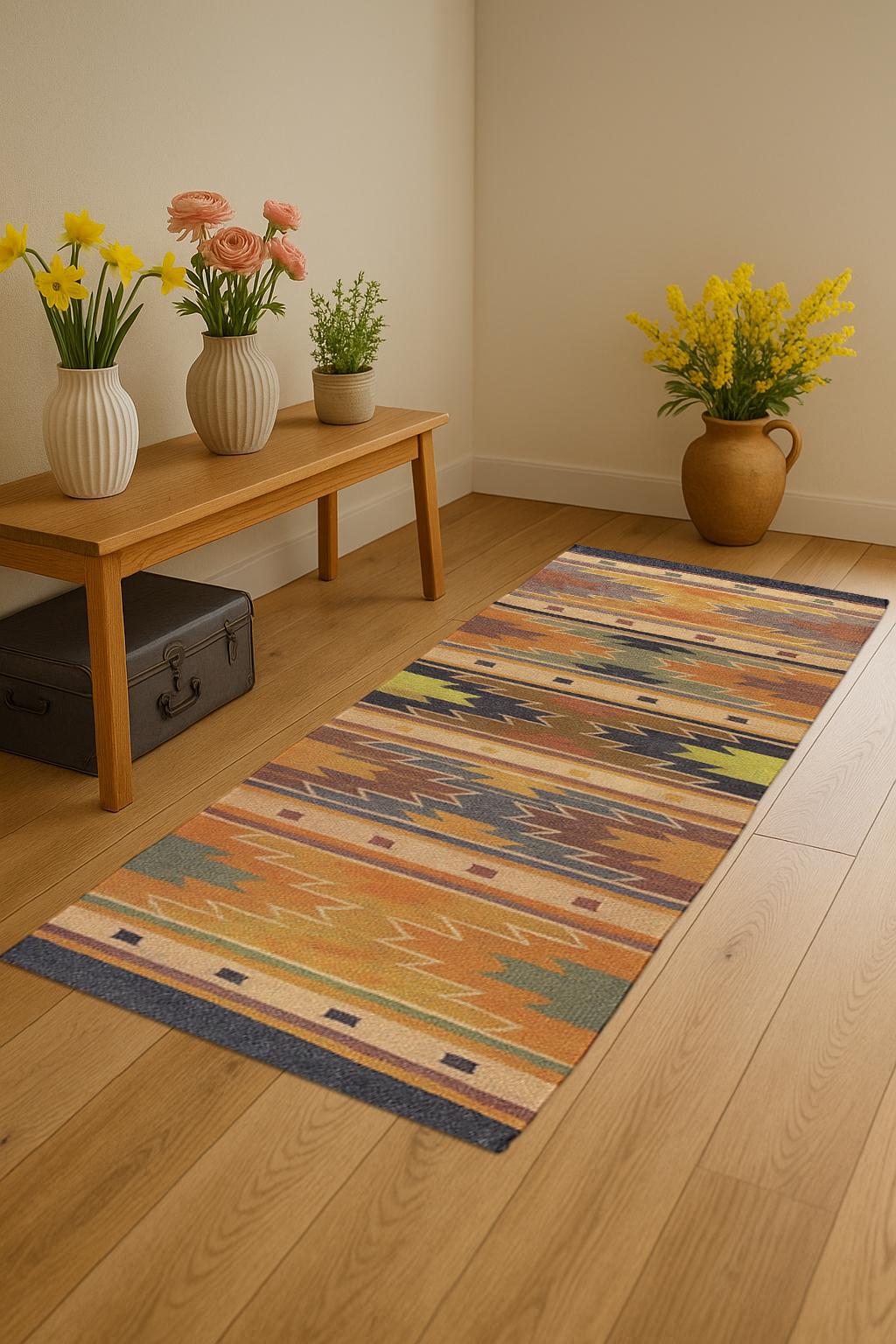 Handwoven Wool Jute Runner | Natural Hallway Runner Rug | Boho Farmhouse Runner | Eco-Friendly Long Rug | Entryway Kitchen Bedside Runner