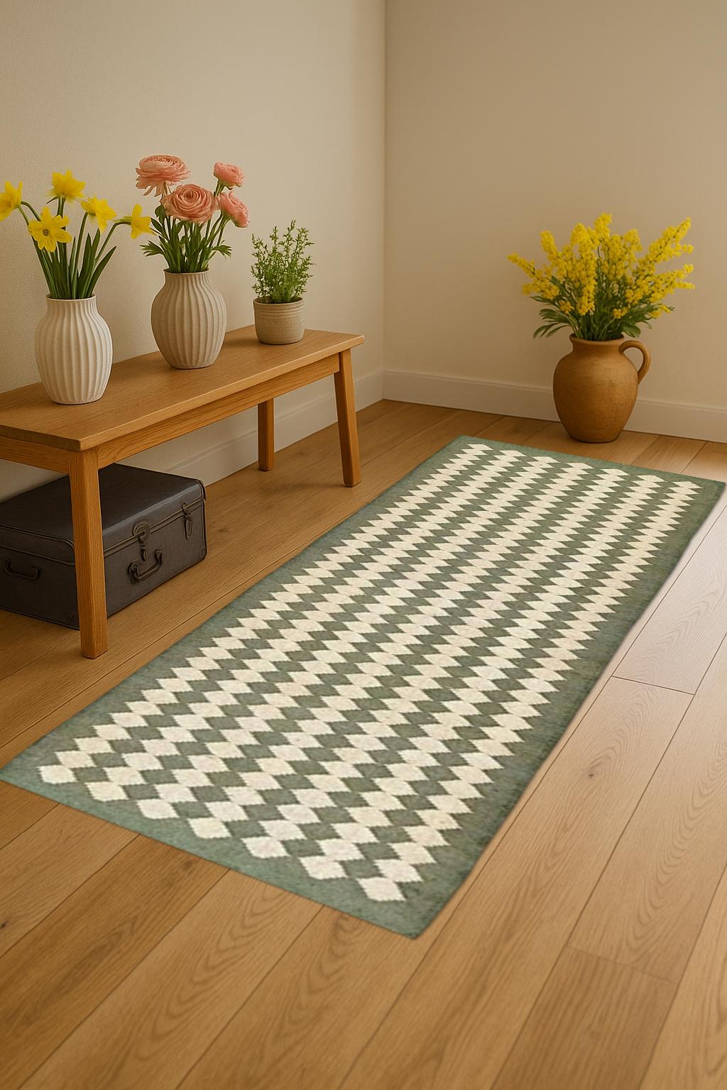 Wool Jute Runner Rug – Handwoven Boho Hallway Decor – Natural Textured Floor Runner
