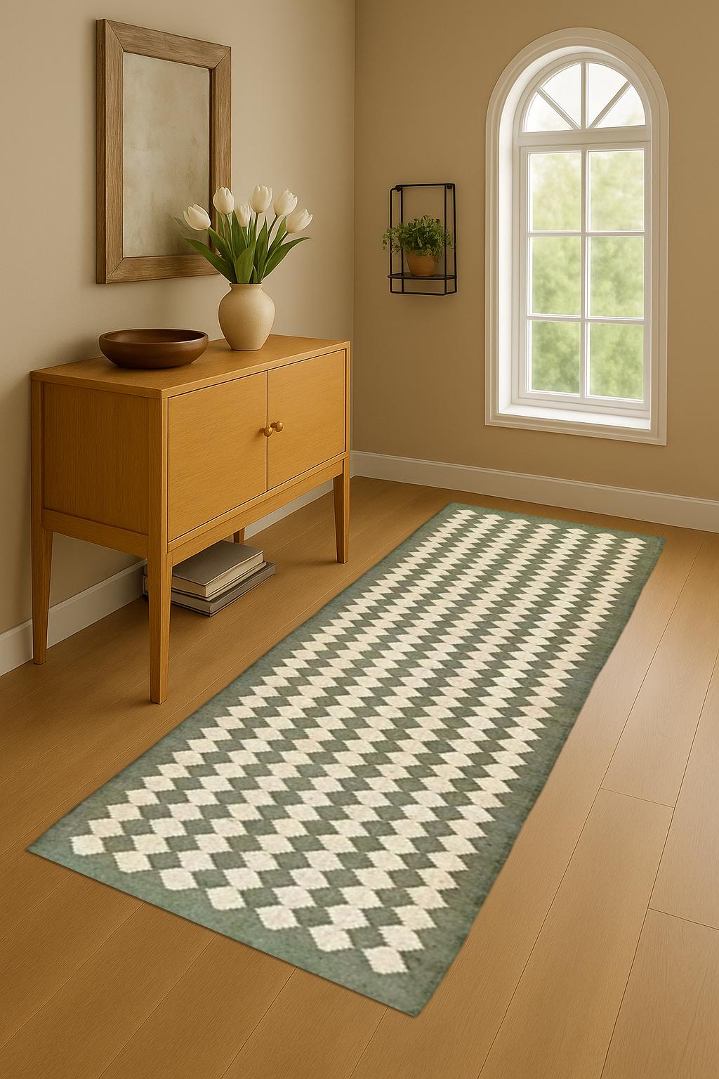 Wool Jute Runner Rug – Handwoven Boho Hallway Decor – Natural Textured Floor Runner