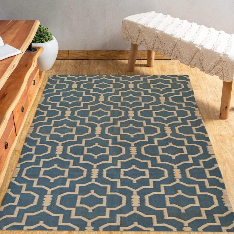 Blue Moroccan Style Wool Rug – Handwoven Geometric Lattice Carpet | Modern Boho Area Rug for Living Room, Bedroom & Entryway Decor