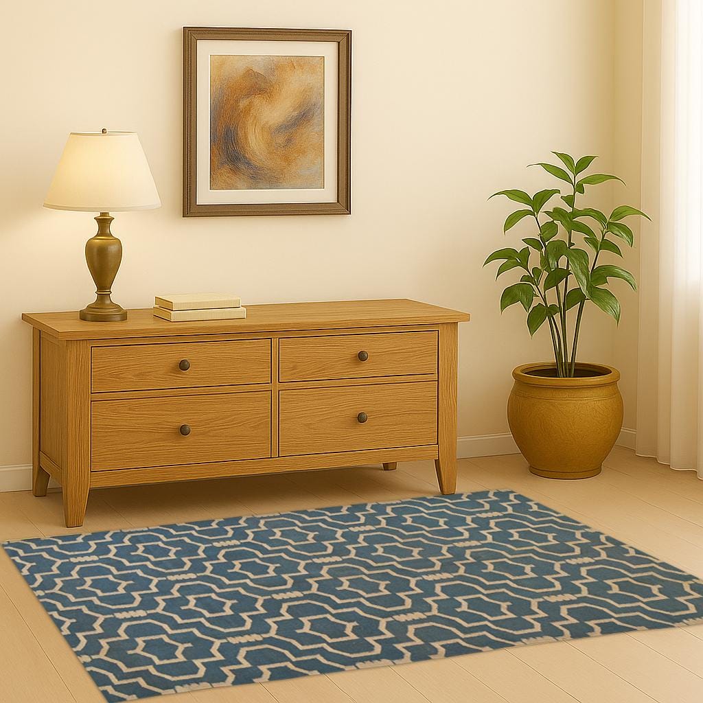Blue Moroccan Style Wool Rug – Handwoven Geometric Lattice Carpet | Modern Boho Area Rug for Living Room, Bedroom & Entryway Decor