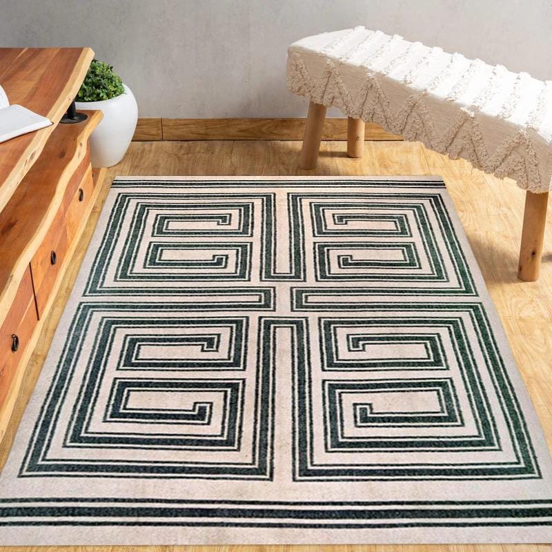 Modern Greek Key Rug – Black & Cream Geometric Maze Pattern | Handwoven Wool Flatweave | Contemporary Area Rug for Living Room and Hallway