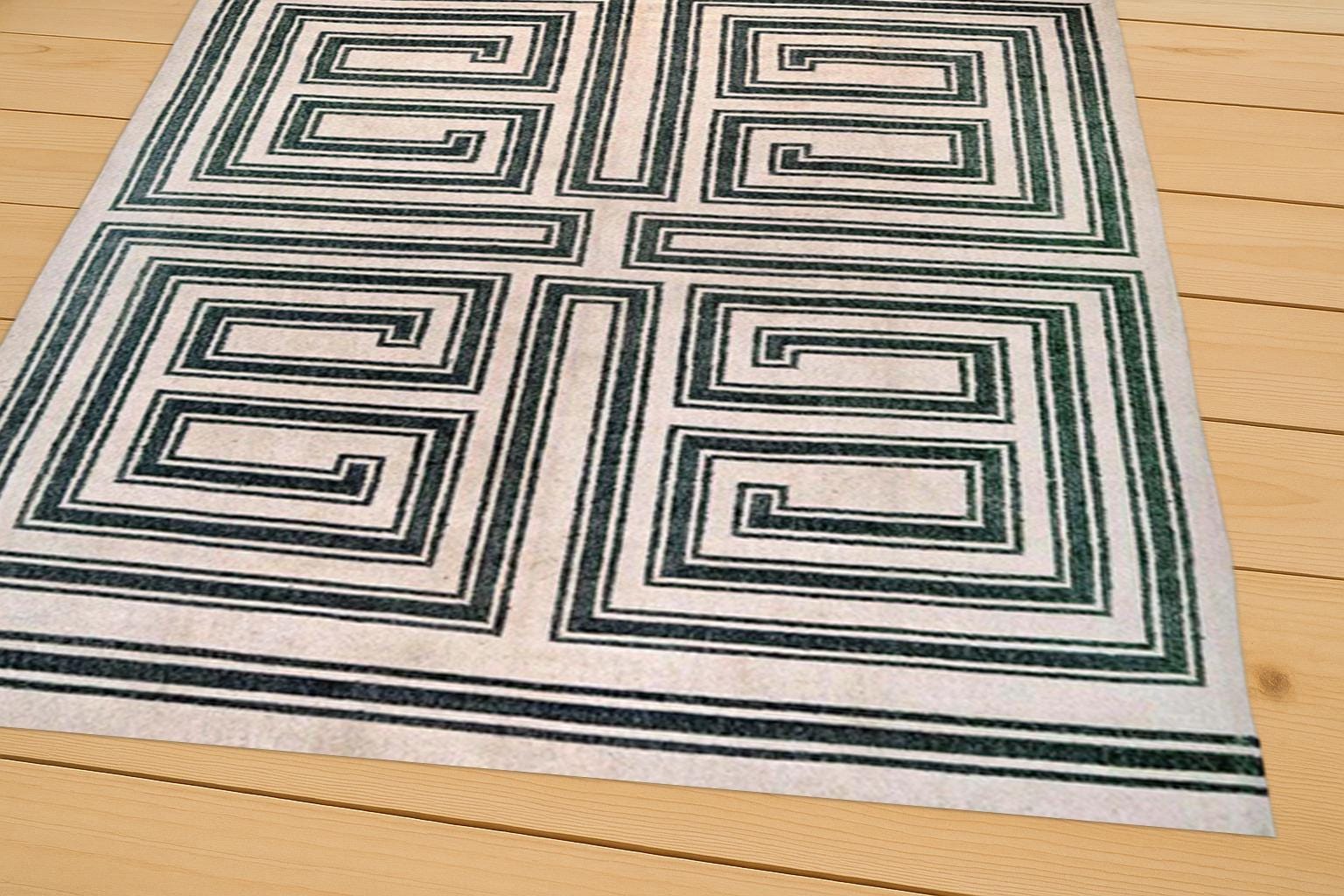 Modern Greek Key Rug – Black & Cream Geometric Maze Pattern | Handwoven Wool Flatweave | Contemporary Area Rug for Living Room and Hallway