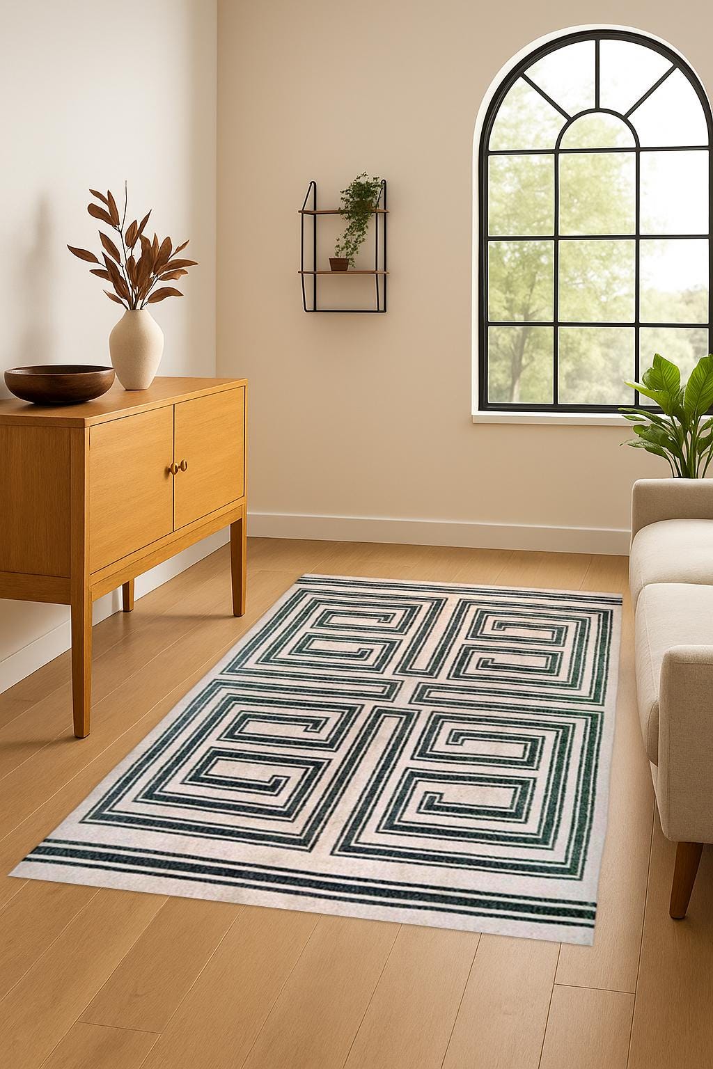 Modern Greek Key Rug – Black & Cream Geometric Maze Pattern | Handwoven Wool Flatweave | Contemporary Area Rug for Living Room and Hallway