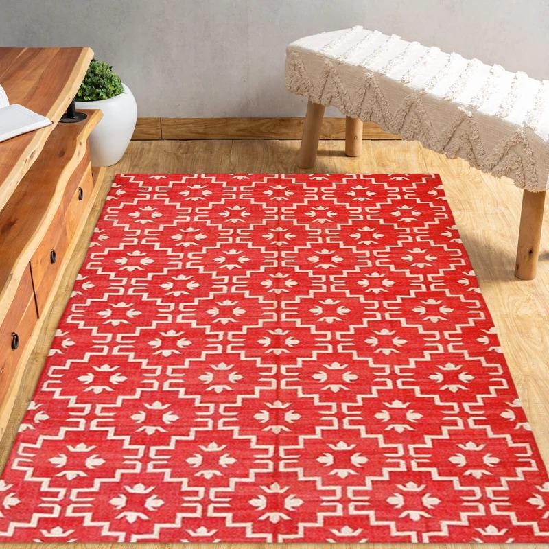 Red & White Geometric Kilim Rug | Handwoven Cotton Flatweave Dhurrie | Bohemian Area Rug for Living Room, Bedroom | Custom Size Available