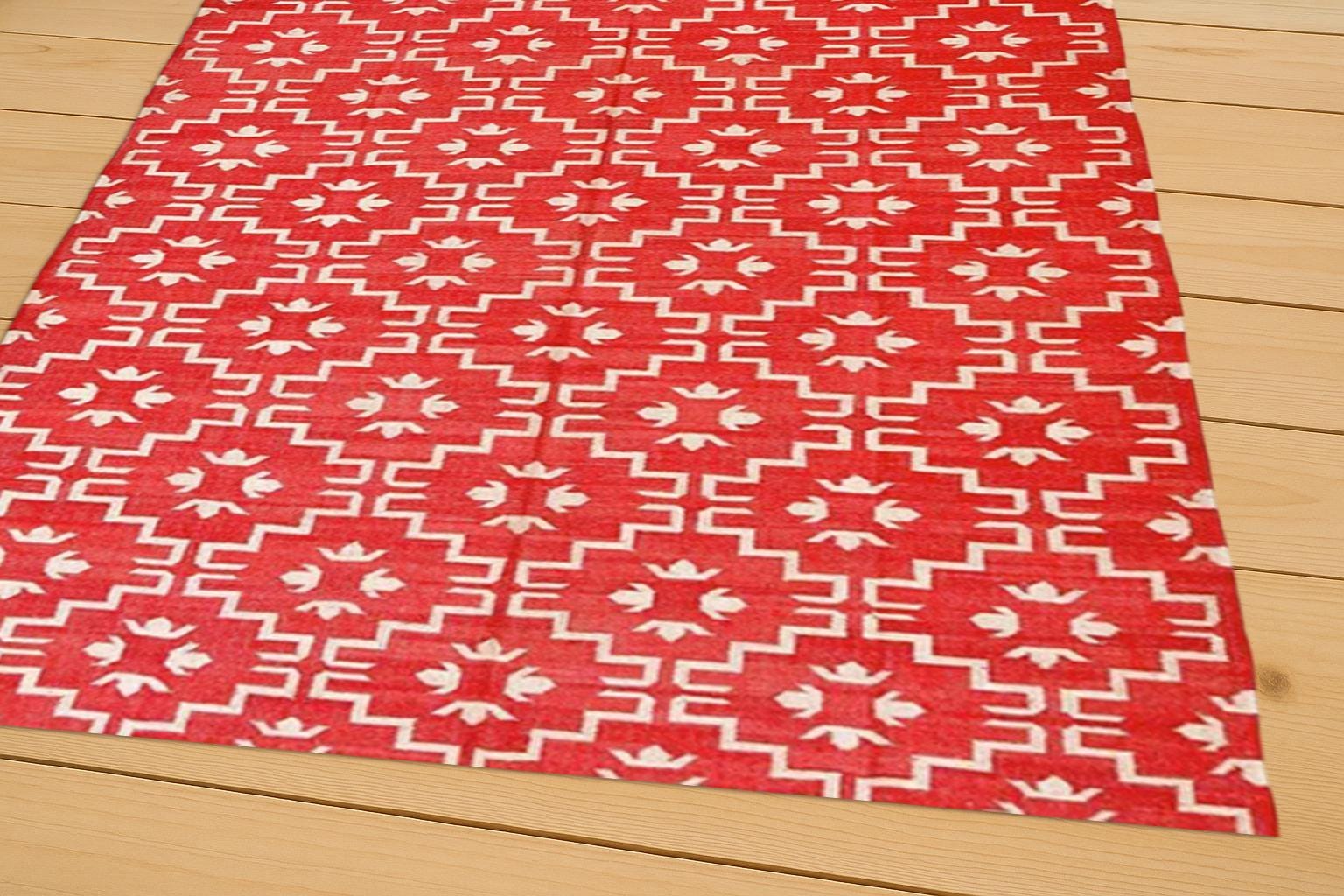 Red & White Geometric Kilim Rug | Handwoven Cotton Flatweave Dhurrie | Bohemian Area Rug for Living Room, Bedroom | Custom Size Available