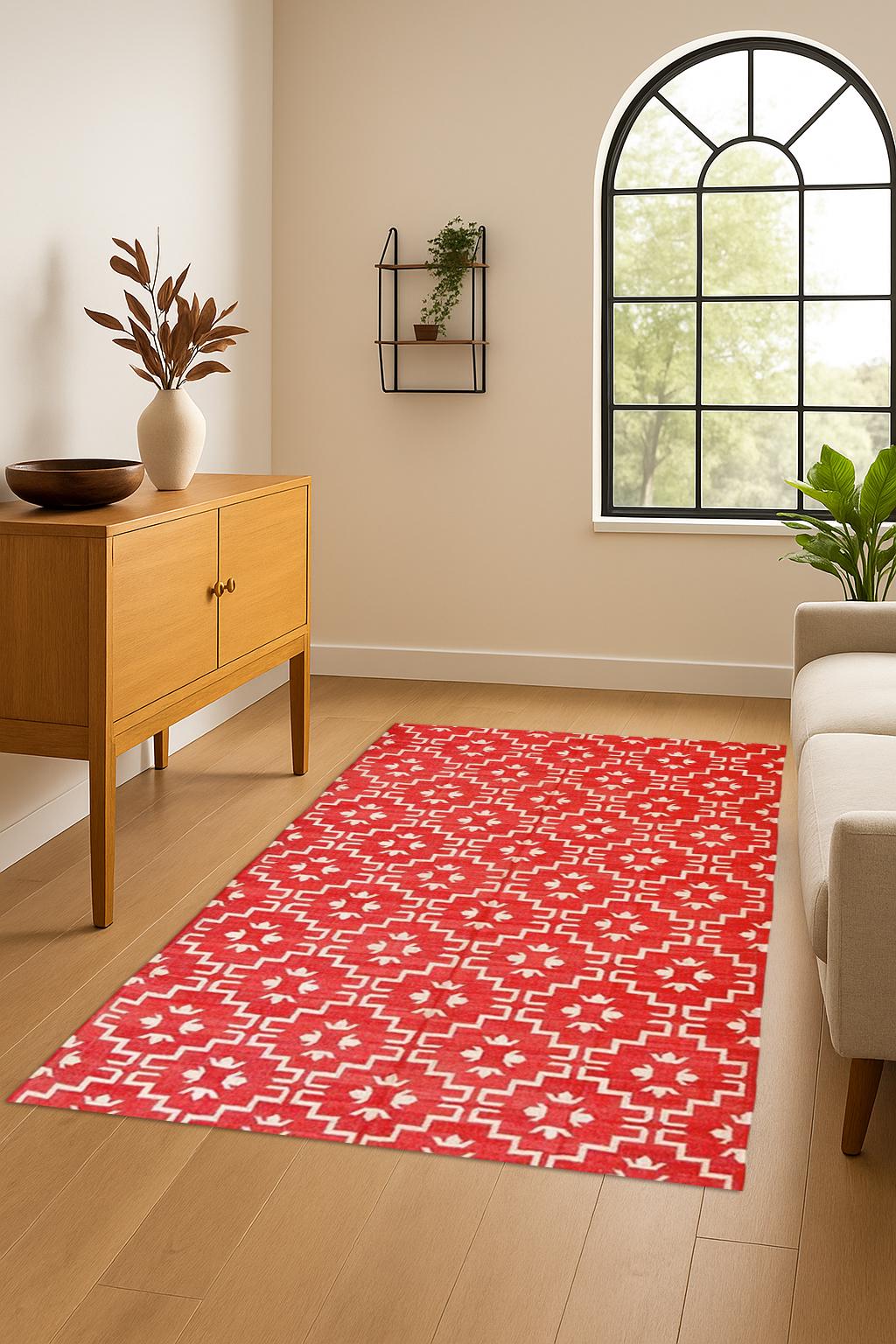 Red & White Geometric Kilim Rug | Handwoven Cotton Flatweave Dhurrie | Bohemian Area Rug for Living Room, Bedroom | Custom Size Available