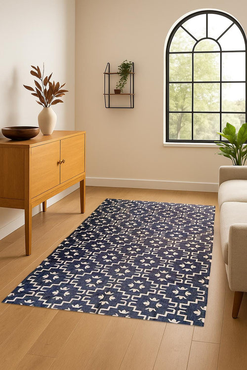 Blue & White Kilim Rug, Handloom Cotton Flatweave Area Rug, Geometric Pattern Dhurrie, Modern Farmhouse Decor, Bedroom Living Room Accent