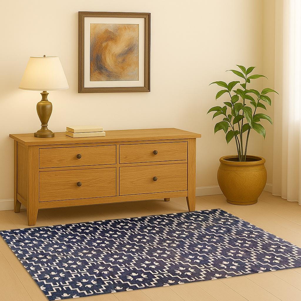 Blue & White Kilim Rug, Handloom Cotton Flatweave Area Rug, Geometric Pattern Dhurrie, Modern Farmhouse Decor, Bedroom Living Room Accent
