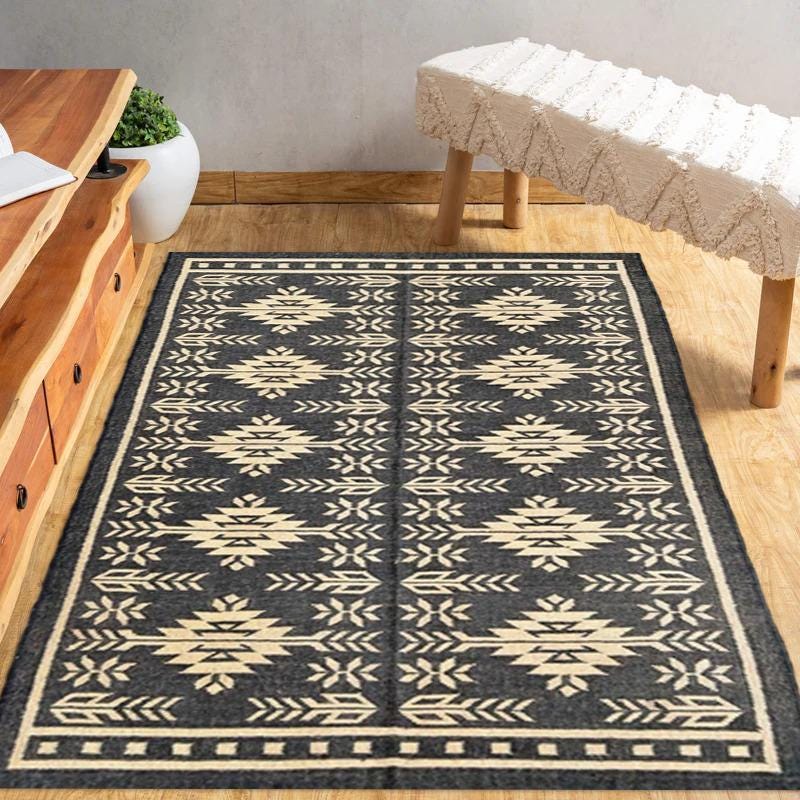 Trending Black White Kilim Rug, Handwoven Wool Jute Area Rug, Bohemian Southwestern Home Decor, Modern Geometric Floor Carpet, pet friendly