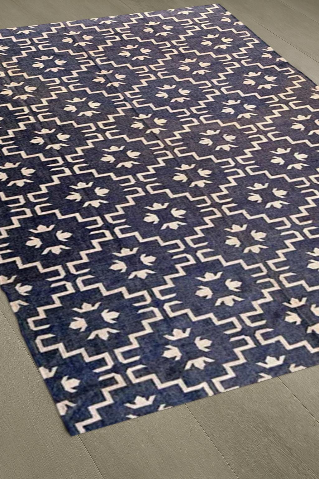 Blue & White Kilim Rug, Handloom Cotton Flatweave Area Rug, Geometric Pattern Dhurrie, Modern Farmhouse Decor, Bedroom Living Room Accent