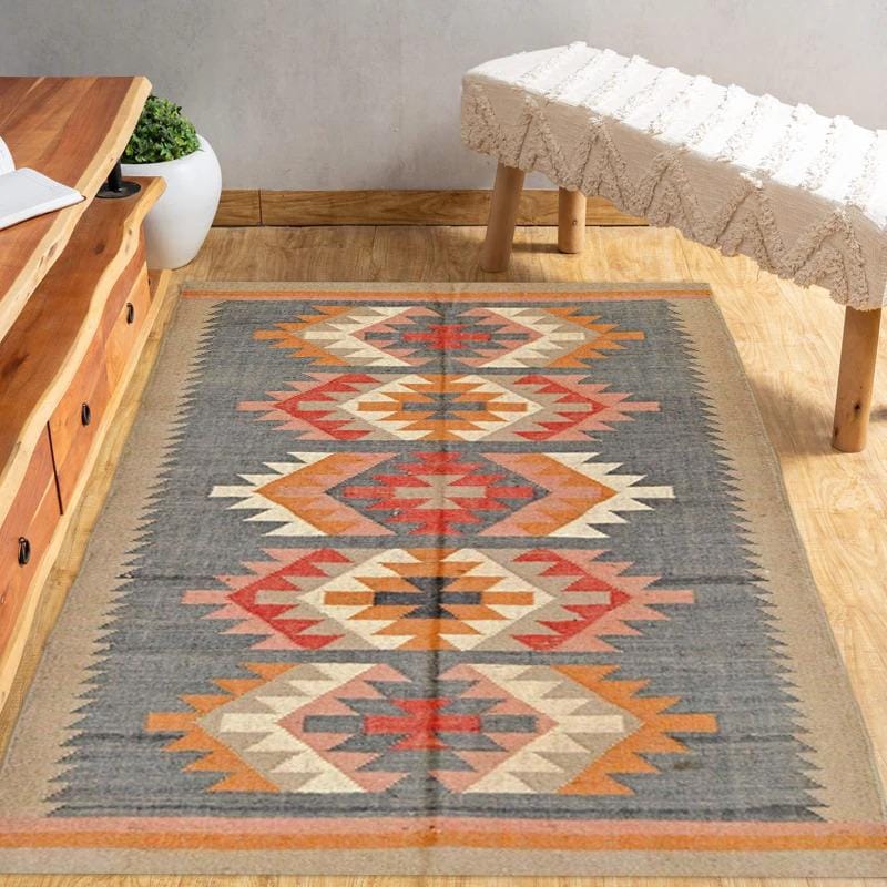 Vintage Kilim Rug – Handwoven Wool Tribal Carpet | Blue Gray Base with Red, Orange Geometric Motifs | Boho Area Rug for Living Room Decor