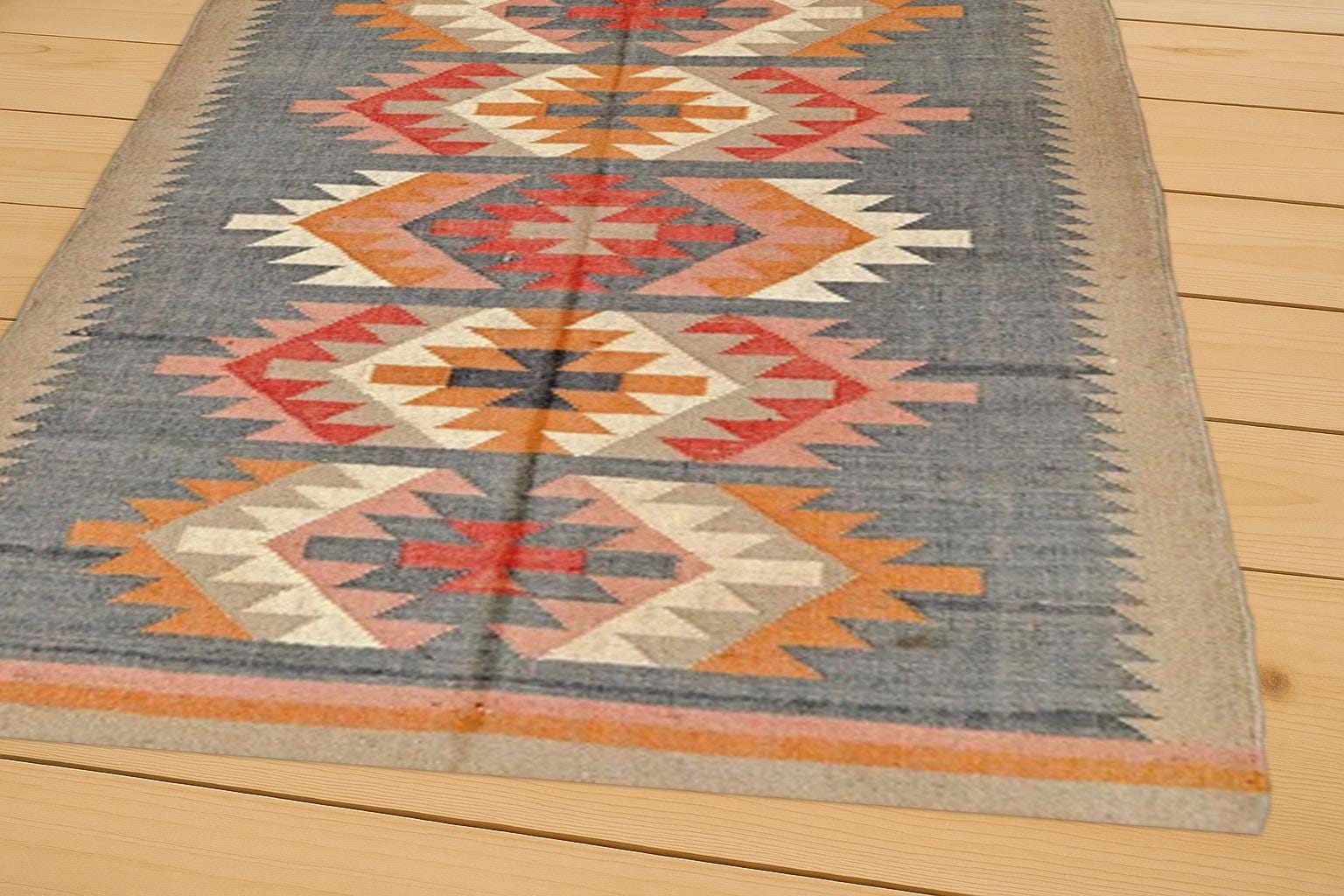 Vintage Kilim Rug – Handwoven Wool Tribal Carpet | Blue Gray Base with Red, Orange Geometric Motifs | Boho Area Rug for Living Room Decor