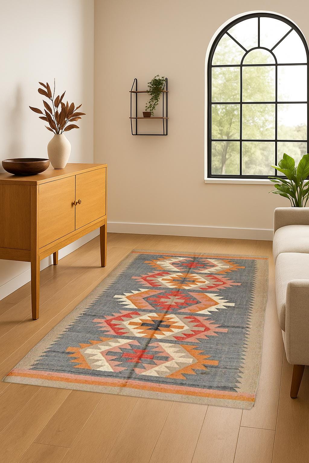 Vintage Kilim Rug – Handwoven Wool Tribal Carpet | Blue Gray Base with Red, Orange Geometric Motifs | Boho Area Rug for Living Room Decor