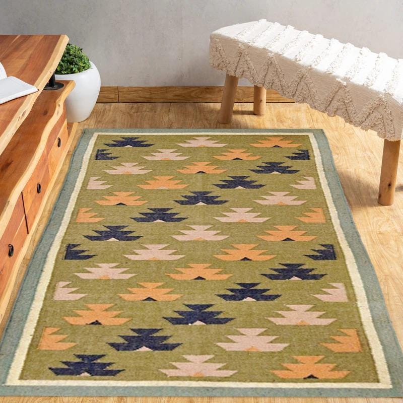 Green Kilim Runner Rug – Handwoven Tribal Flatweave Carpet | Boho Wool Rug with Geometric Motifs for Entryway, Hallway & Living Room