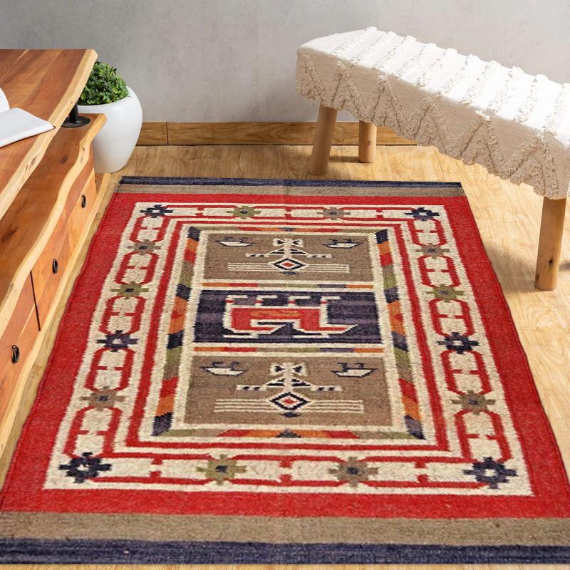 Vintage Tribal Rug – Handwoven Wool Ethnic Carpet | Red & Blue Geometric Symbols | Boho Kilim Area Rug for Living Room or Wall Hanging