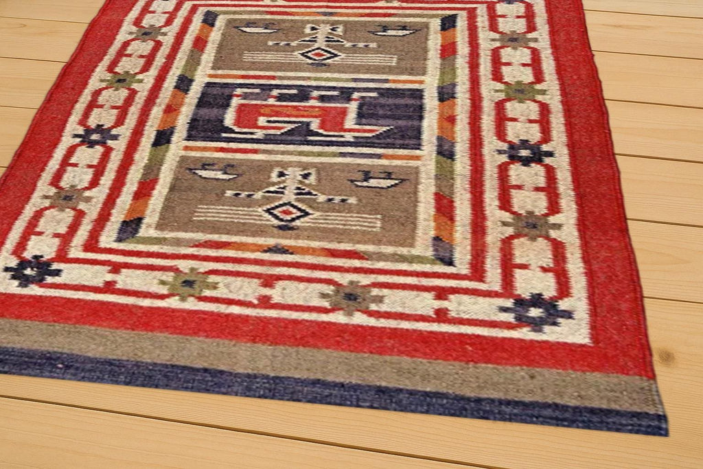 Vintage Tribal Rug – Handwoven Wool Ethnic Carpet | Red & Blue Geometric Symbols | Boho Kilim Area Rug for Living Room or Wall Hanging