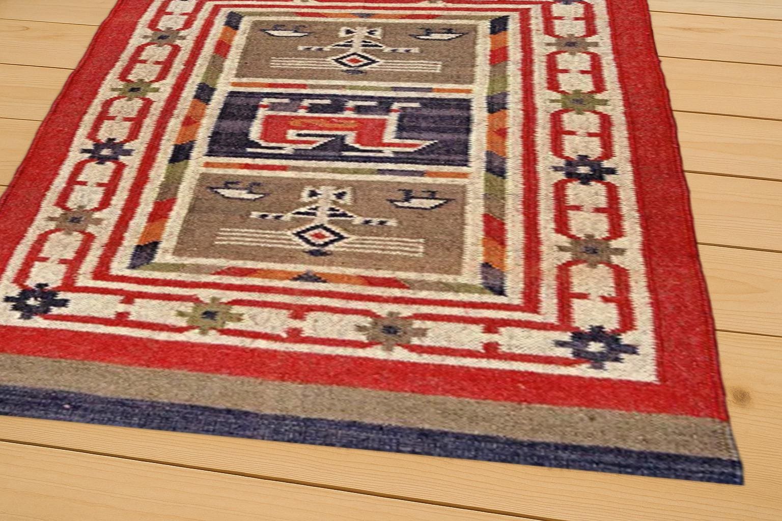Vintage Tribal Rug – Handwoven Wool Ethnic Carpet | Red & Blue Geometric Symbols | Boho Kilim Area Rug for Living Room or Wall Hanging