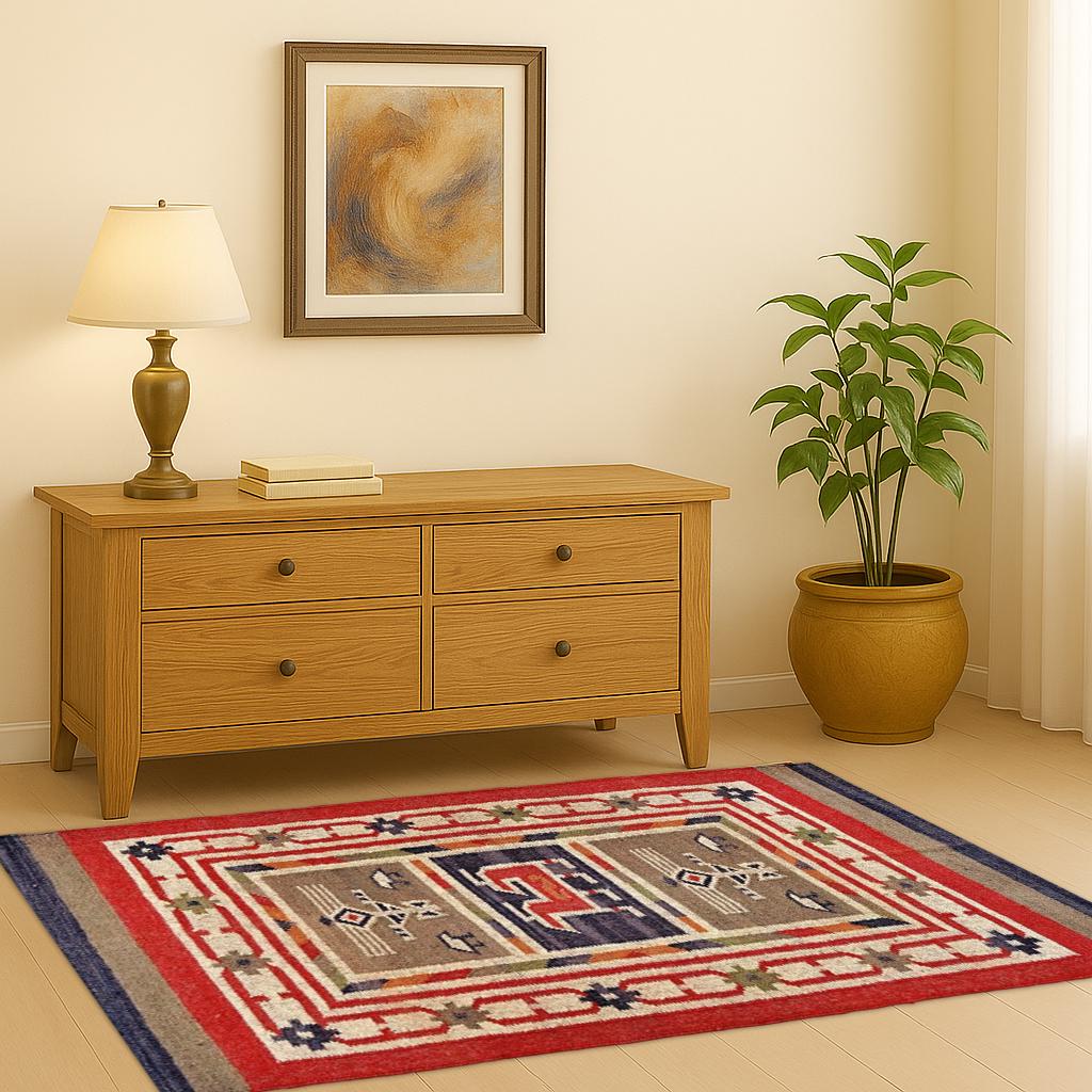 Vintage Tribal Rug – Handwoven Wool Ethnic Carpet | Red & Blue Geometric Symbols | Boho Kilim Area Rug for Living Room or Wall Hanging