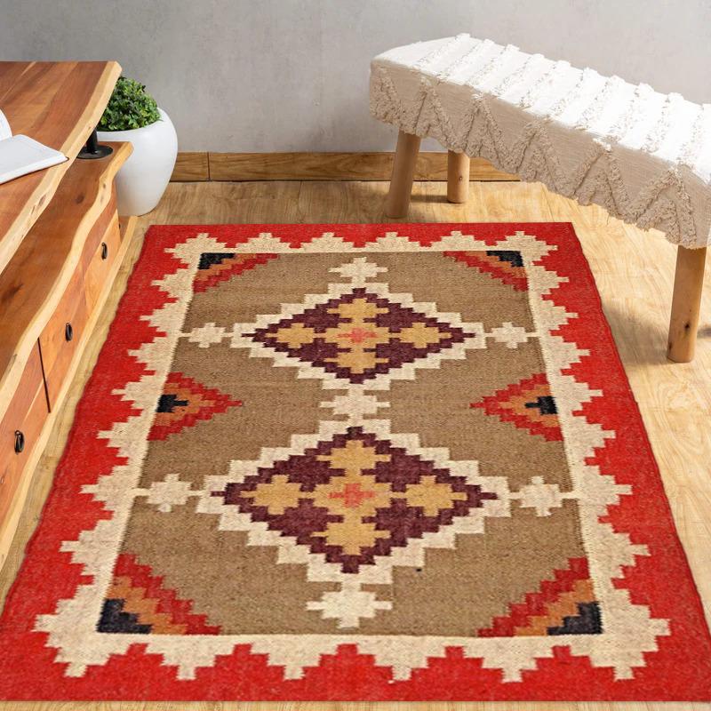 Wool and Jute Rug Handmade, Kilim Dhurrie Prayer Mat | Vintage Rug | Turkish Handwoven Kilim Rug | Traditional Artistic Decor Rugs For Home