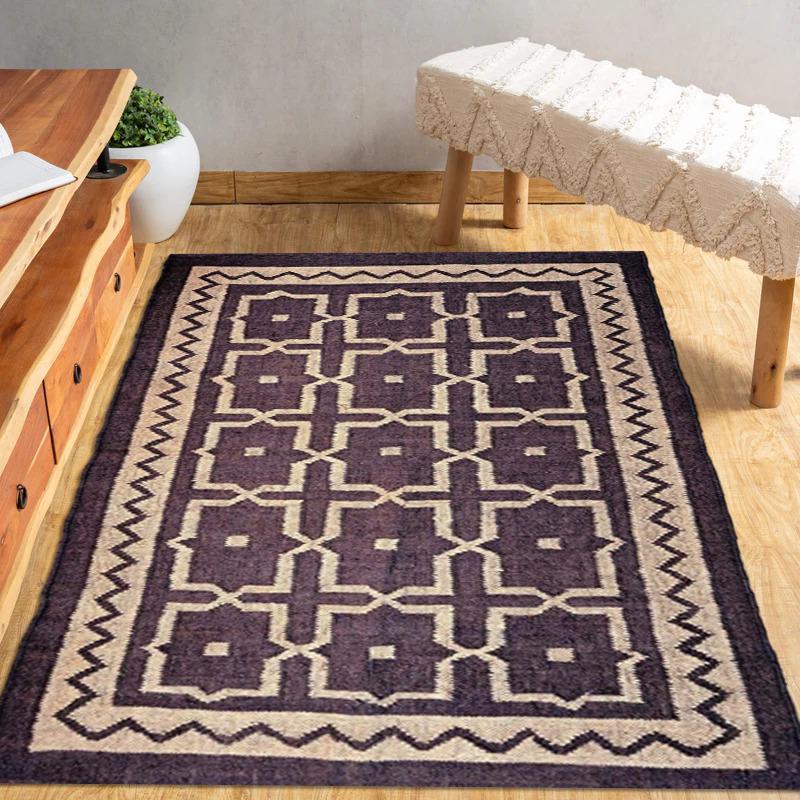 Purple Geometric Wool Rug – Handwoven Flatweave Area Carpet | Boho Tribal Style Decor | Modern Handmade Rug for Living Room & Bedroom