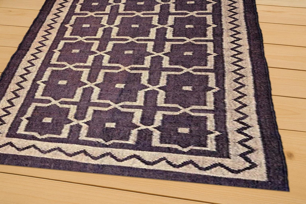 Purple Geometric Wool Rug – Handwoven Flatweave Area Carpet | Boho Tribal Style Decor | Modern Handmade Rug for Living Room & Bedroom