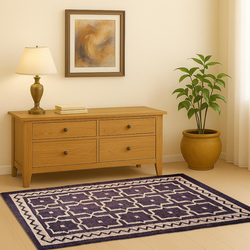 Purple Geometric Wool Rug – Handwoven Flatweave Area Carpet | Boho Tribal Style Decor | Modern Handmade Rug for Living Room & Bedroom