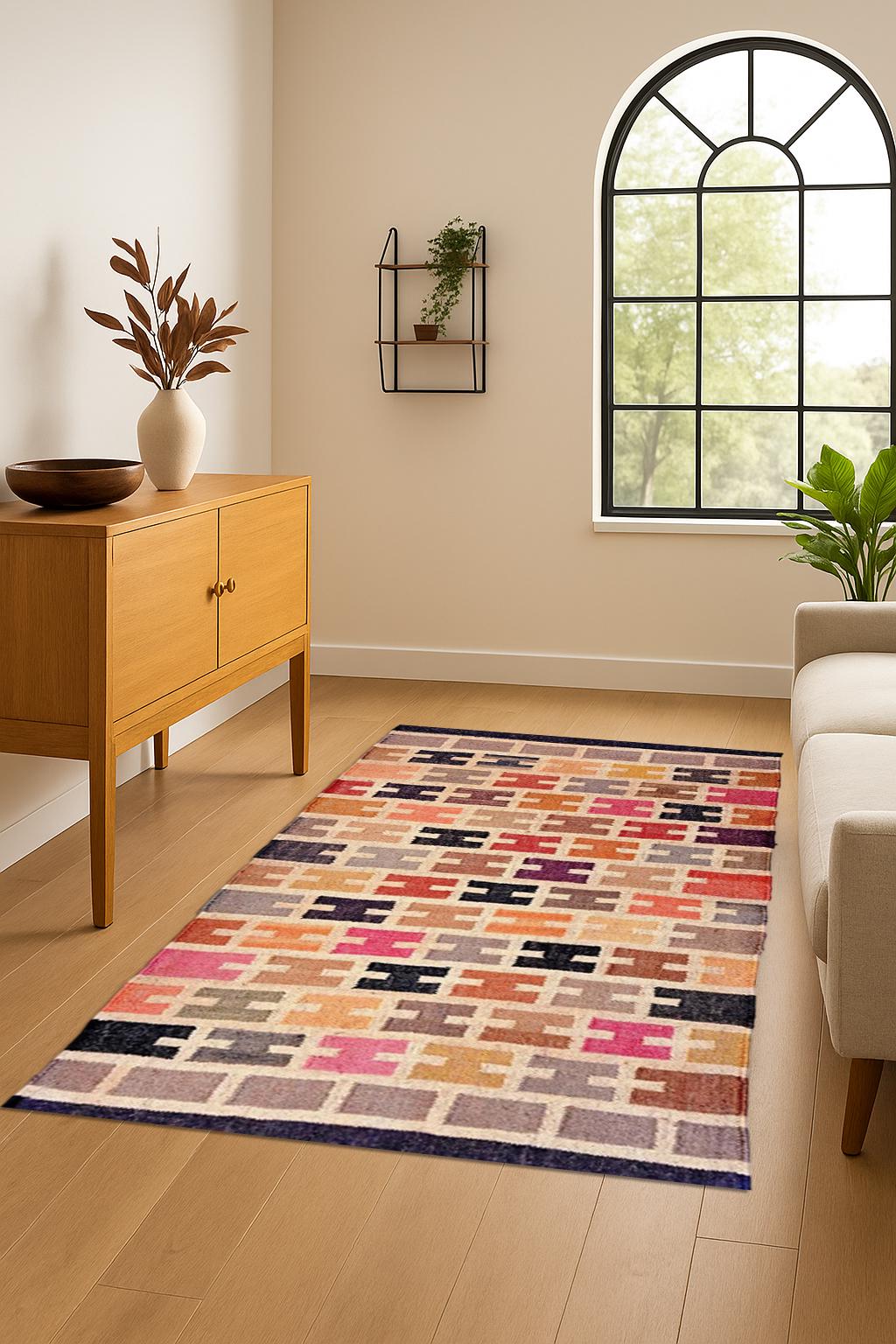 Multicolor Geometric Kilim Wool Rug – Handmade Boho Flatweave Carpet | Vibrant Area Rug for Living Room, Kids Room & Home Decor