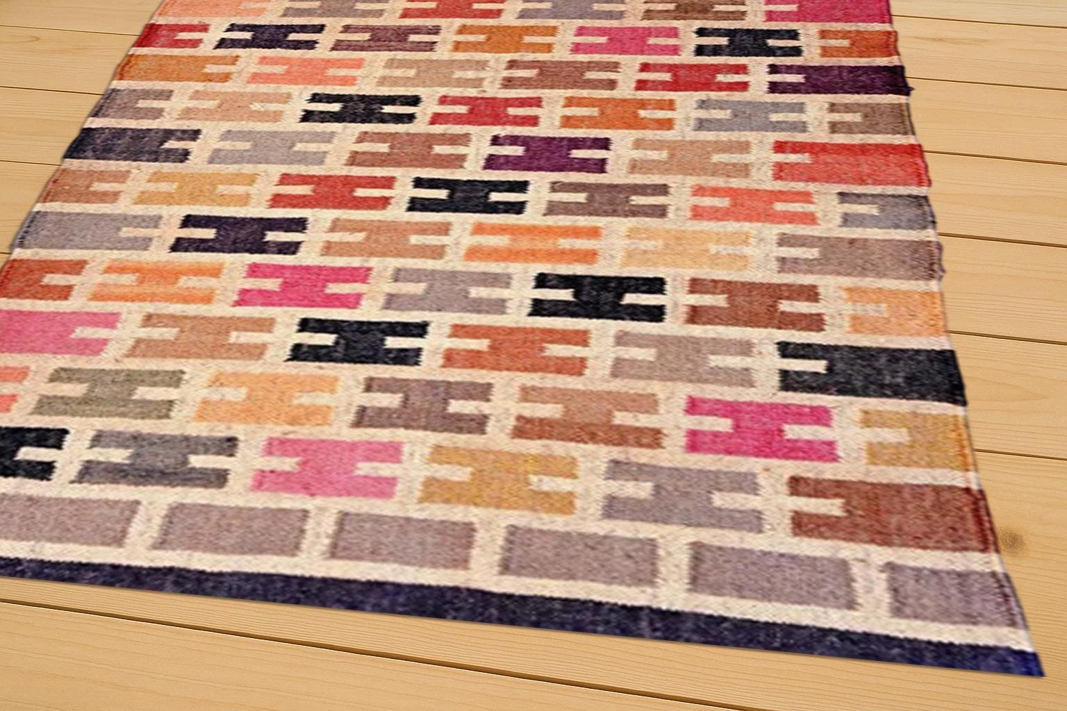 Multicolor Geometric Kilim Wool Rug – Handmade Boho Flatweave Carpet | Vibrant Area Rug for Living Room, Kids Room & Home Decor