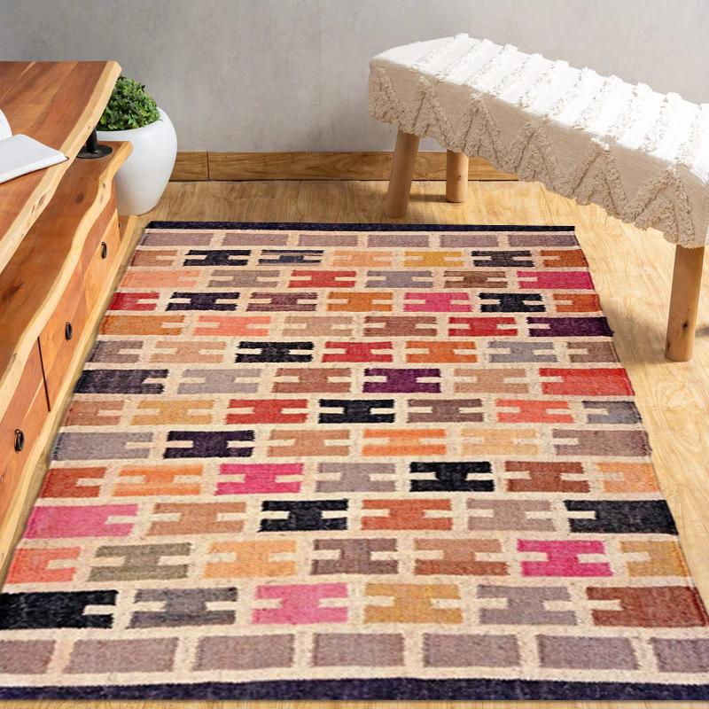 Multicolor Geometric Kilim Wool Rug – Handmade Boho Flatweave Carpet | Vibrant Area Rug for Living Room, Kids Room & Home Decor