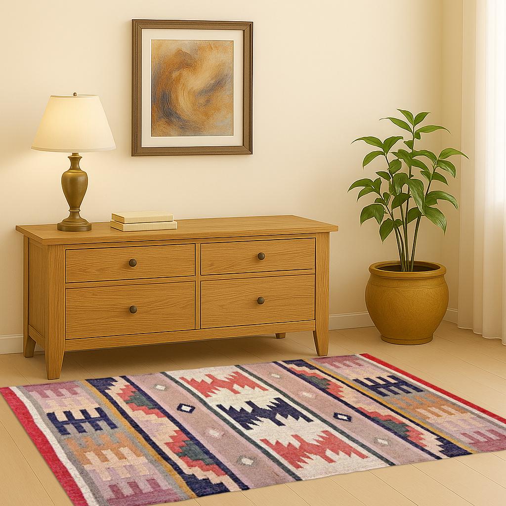Tribal Geometric Kilim Rug – Handwoven Wool Flatweave Carpet | Boho Ethnic Area Rug for Living Room, Entryway or Bedroom Decor