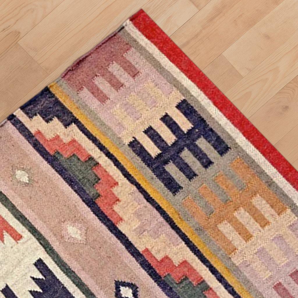 Tribal Geometric Kilim Rug – Handwoven Wool Flatweave Carpet | Boho Ethnic Area Rug for Living Room, Entryway or Bedroom Decor