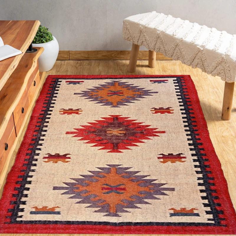 Handmade Wool Jute Kilim Rug, Flatweave Area Rug, Bohemian Home Decor, Natural Fiber Carpet,  Jute Rug, Vintage Jute Bohemian Colorful rug