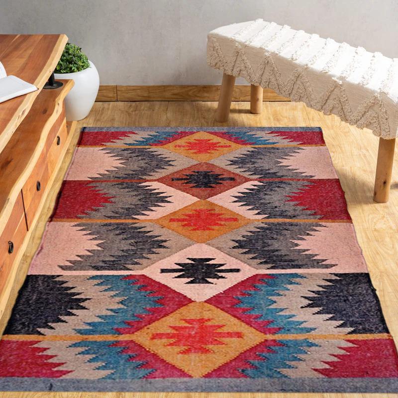 Colorful Boho Kilim Rug – Tribal Diamond Pattern | Handwoven Wool Area Carpet | Geometric Bohemian Decor for Living Room, Hallway & Entryway