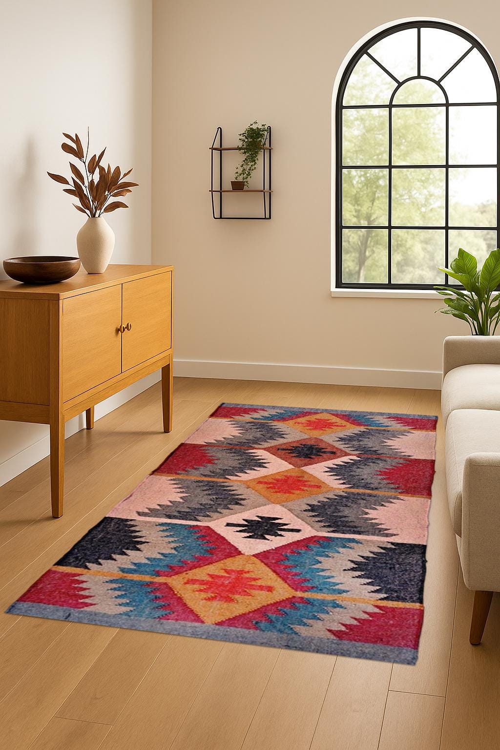 Colorful Boho Kilim Rug – Tribal Diamond Pattern | Handwoven Wool Area Carpet | Geometric Bohemian Decor for Living Room, Hallway & Entryway