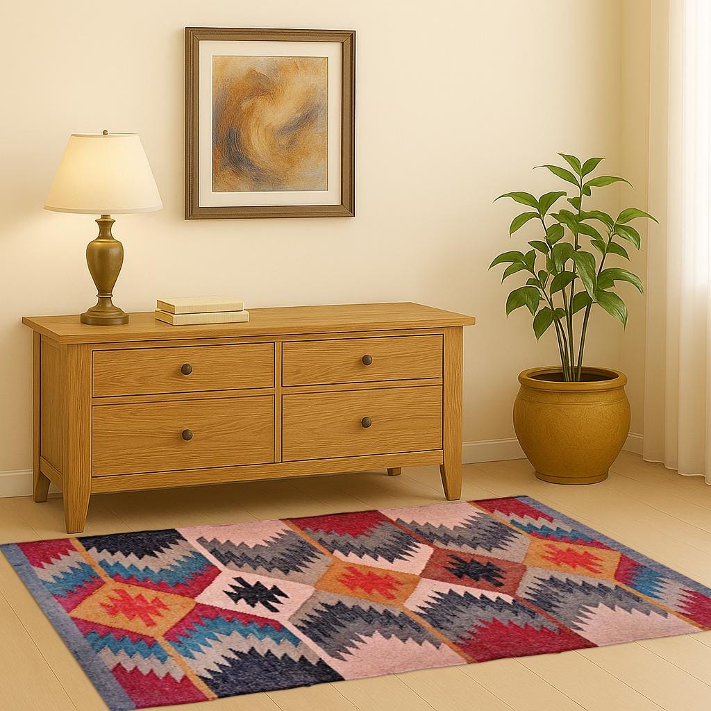 Colorful Boho Kilim Rug – Tribal Diamond Pattern | Handwoven Wool Area Carpet | Geometric Bohemian Decor for Living Room, Hallway & Entryway