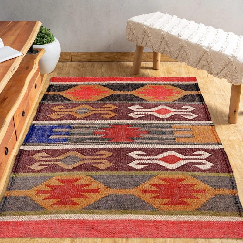 Handwoven Tribal Kilim Rug | Boho Wool Area Carpet | Vintage Geometric Floor Mat for Living Room, Bedroom & Entryway