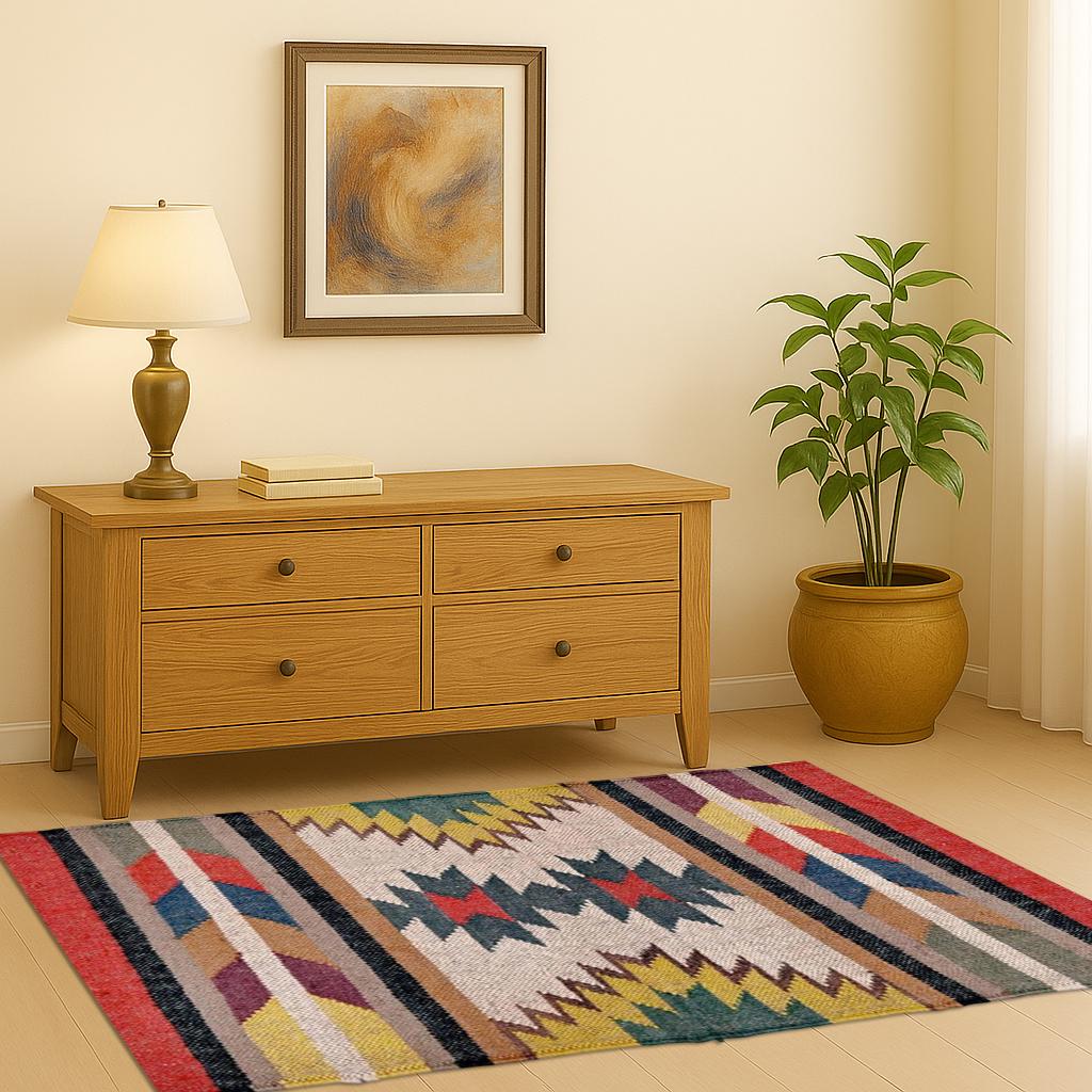 Boho Kilim Rug – Handwoven Multicolor Geometric Carpet for Living Room & Bedroom
